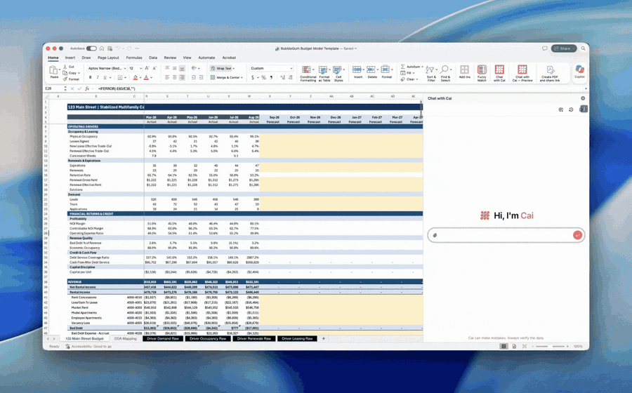 Cai bringing current property data into source tabs in an Excel budget model