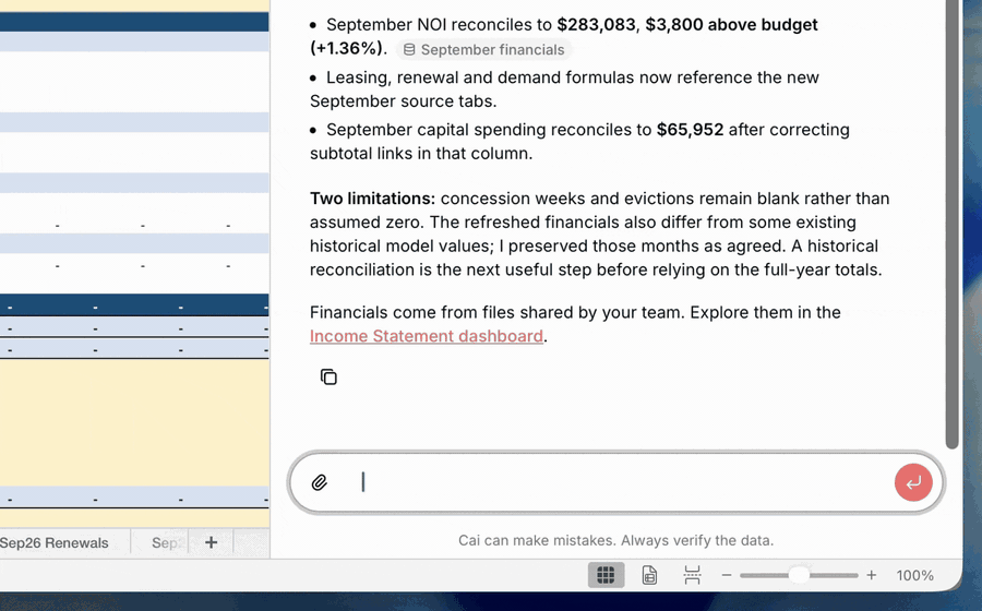 Cai updating January in-place rent and occupancy inputs in an Excel budget model