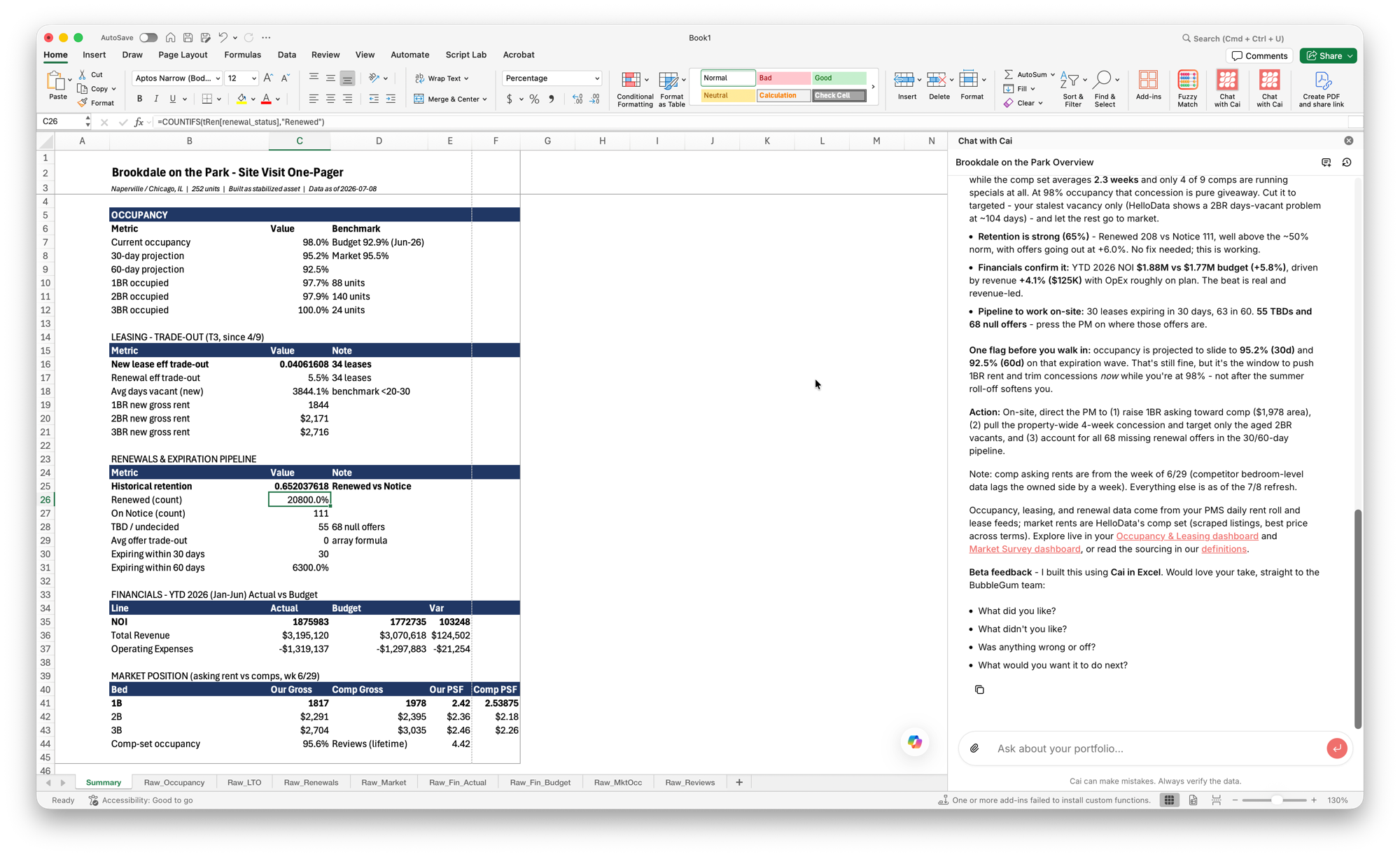 Cai chat pane inside Excel building a formula-driven multifamily report on live portfolio data