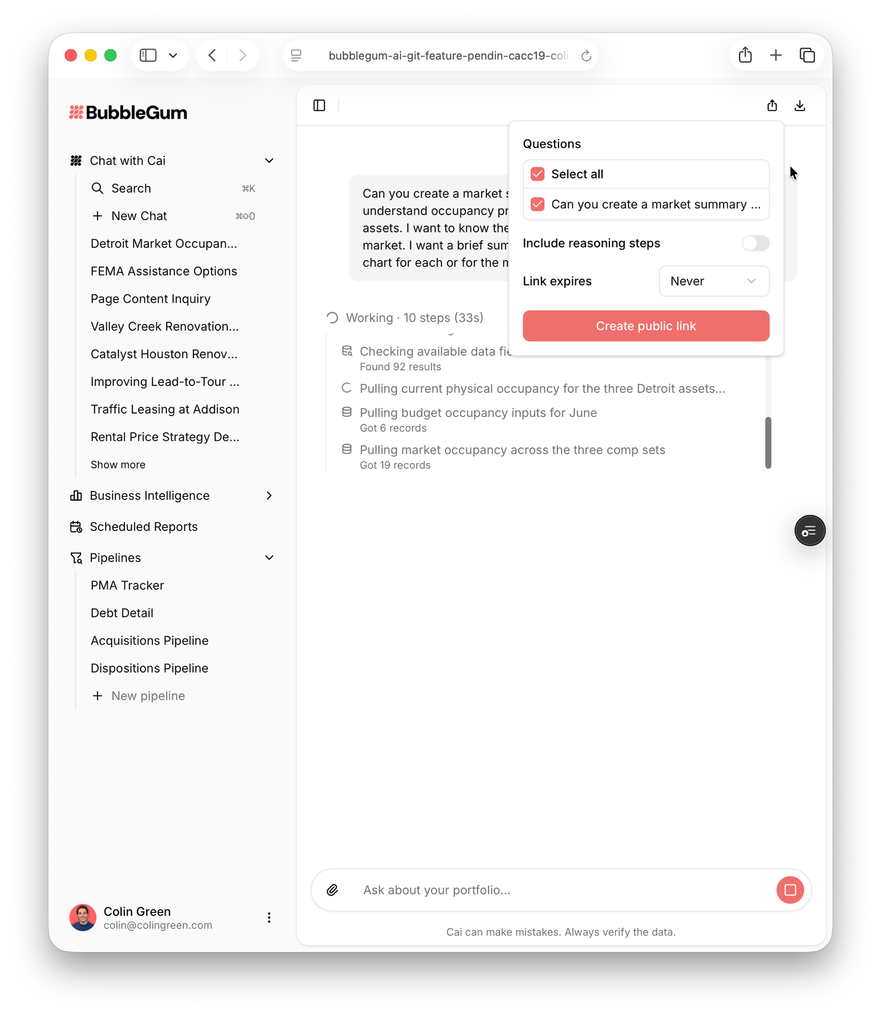Sharing a Cai chat as a read-only public link for owner updates