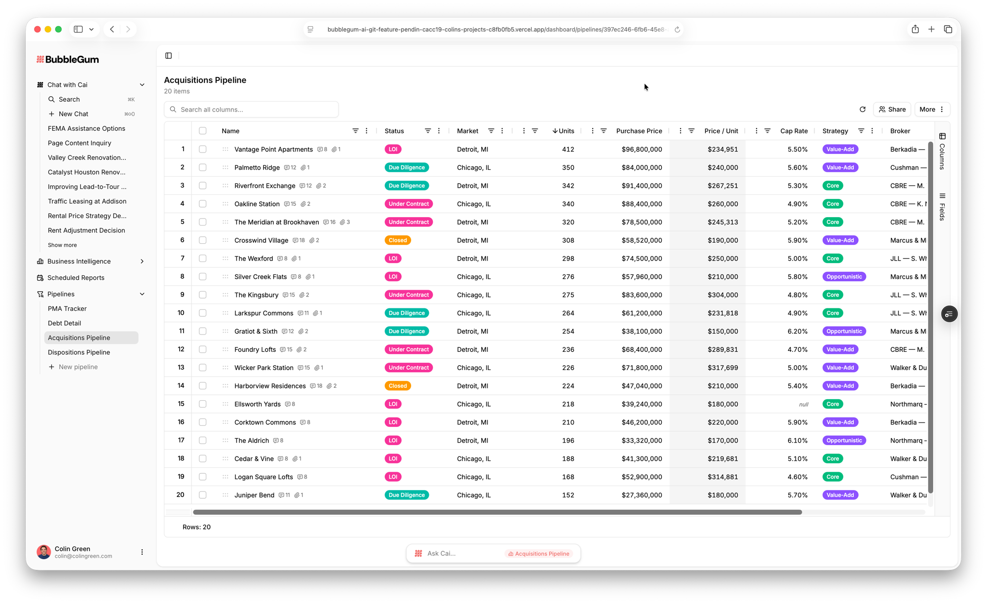 Acquisitions pipeline in BubbleGum, built with Cai