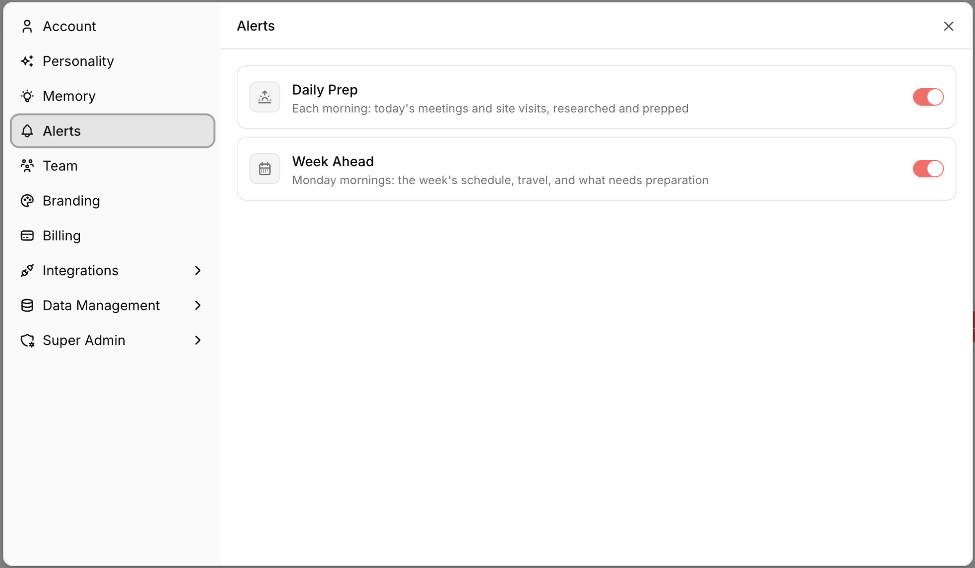 Daily Prep and Week Ahead briefing toggles in Settings, Alerts